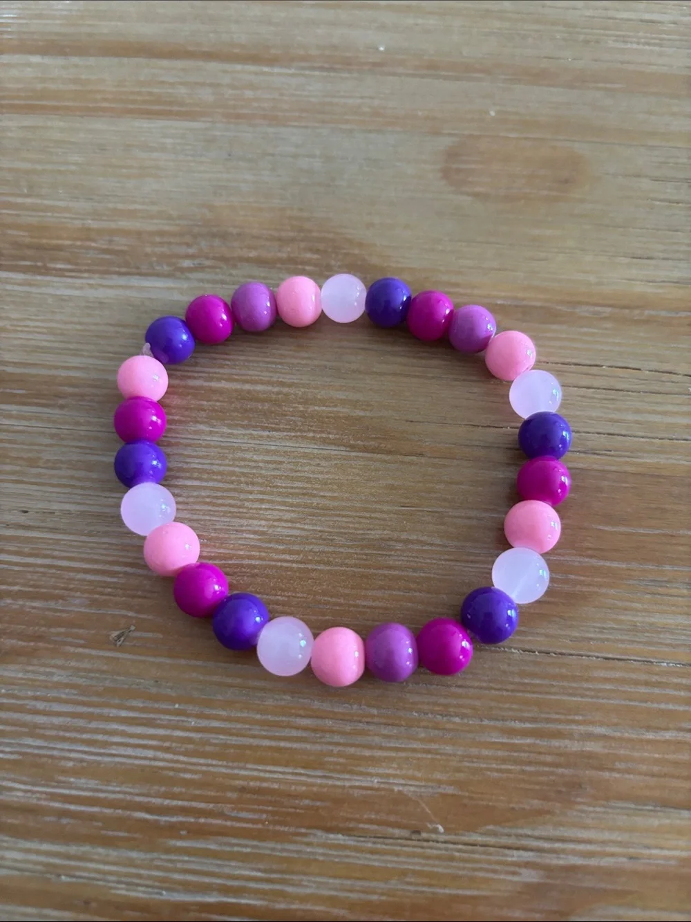 Hand Crafted Pink, Light Pink & Purple Kids Beaded Stretch Bracelet